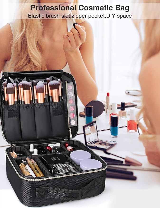 Relavel Travel Makeup Train Case Makeup Cosmetic Case Organizer Portable Artist Storage Bag with Adjustable Dividers for Cosmetics Makeup Brushes Toiletry, Black with Gold Zipper