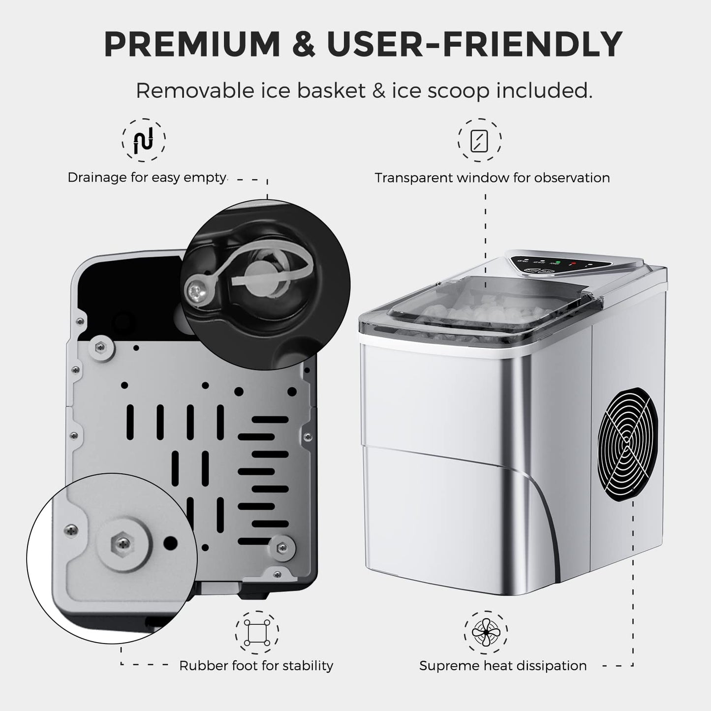 FZF Ice Makers Countertop, Self-Cleaning Function, Portable Electric Cube Maker Machine, 9 Pebble Ready in 6 Mins, 26lbs 24Hrs with Bags and Scoop Basket for Home Bar Camping RV