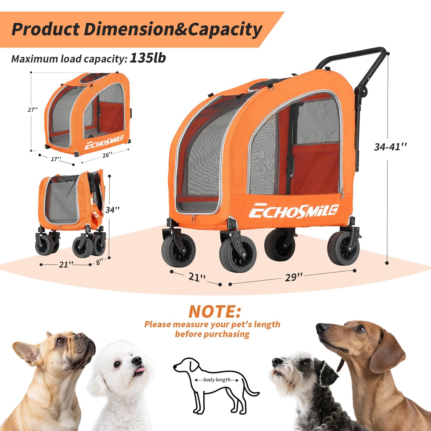 EchoSmile 4 Wheels Pet Stroller, Dog & Cat Stroller for All-Season, Lightweight Carrier with Storage Basket, Adjustable Handle, Removable Pad, Breathable Mesh, Up to 135 lbs, Orange (Orange)
