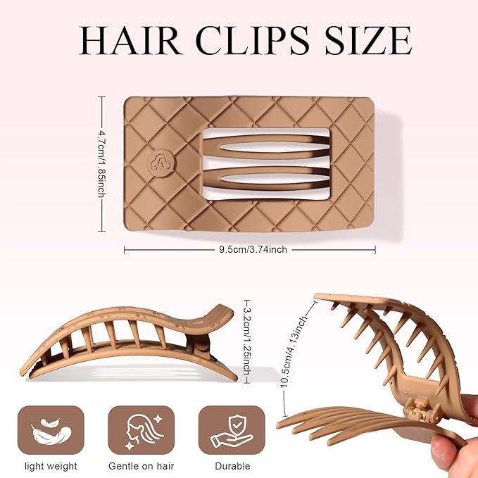 Large Flat Hair Claw Clips for Women Fine Thin Medium Thick Hair, Duckbill Strong Hold Non Slip Square Hair Clips, Cozy French Lay Down Hairclips, Beige, Light Khaki, Dark Khaki, Black, 4 Pcs