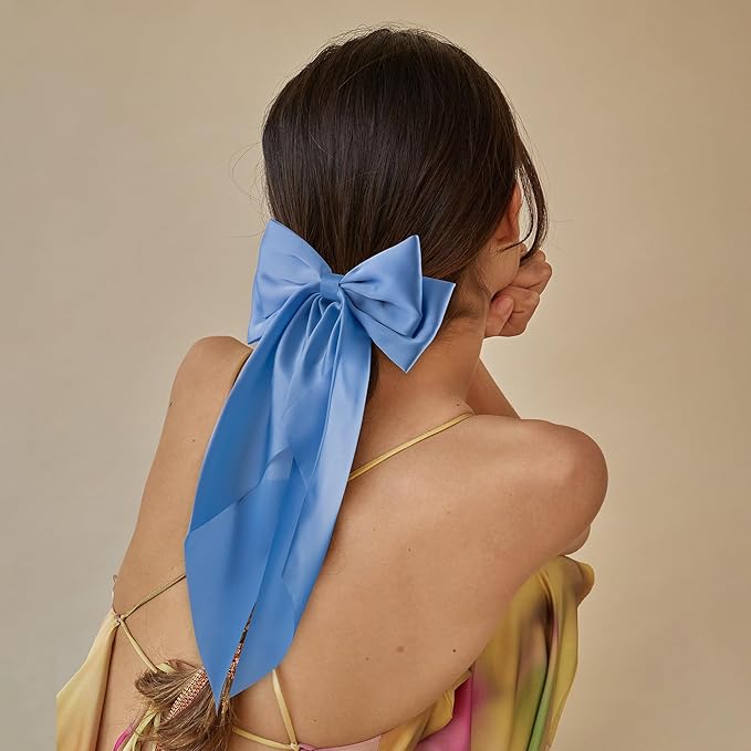 6Pcs Large Bows Hair Clips for Women Girls Long Tail Hair Ribbon Silky Satin Barrettes Coquette Bows Accessories (Black/Skyblue/Grayblue)