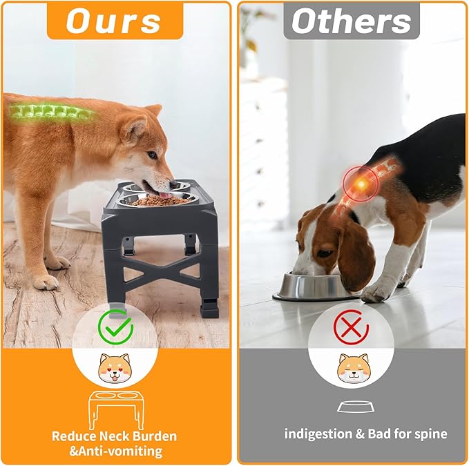 Hubulk Elevated Dog Bowls with 2 Stainless Steel Dog Food & Water Raised Bowls with No Spill Edge Non-Slip Stand Adjusts to 3 Heights(2.75", 6.0", 7.5") for Small Medium Dogs and Pet