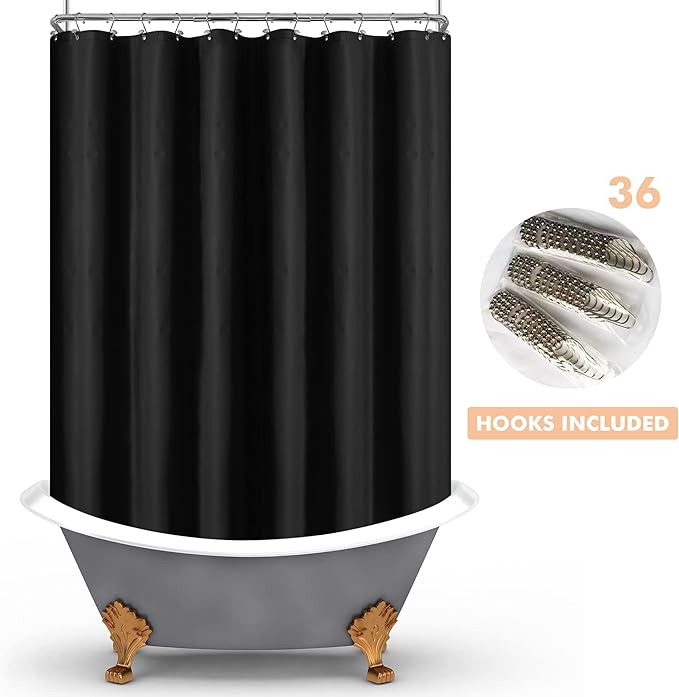 Mrs Awesome Black Clawfoot Tub Shower Curtain or Liner with 12 Magnets - Free 36 Hooks Included, Waterproof PEVA, 180" x 70", Black