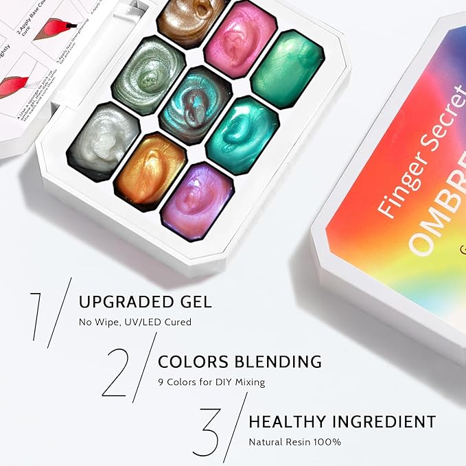 Christmas Pearl Gel Nail Polish, 9 Colors Glitter Ombre Gel Polish Palette Pat Paint Aurora Mermaid Gold Silver Green Pink Sparkle Reflective Holographic, 100Sponges 6Brushes 1Grabber (Set 12)