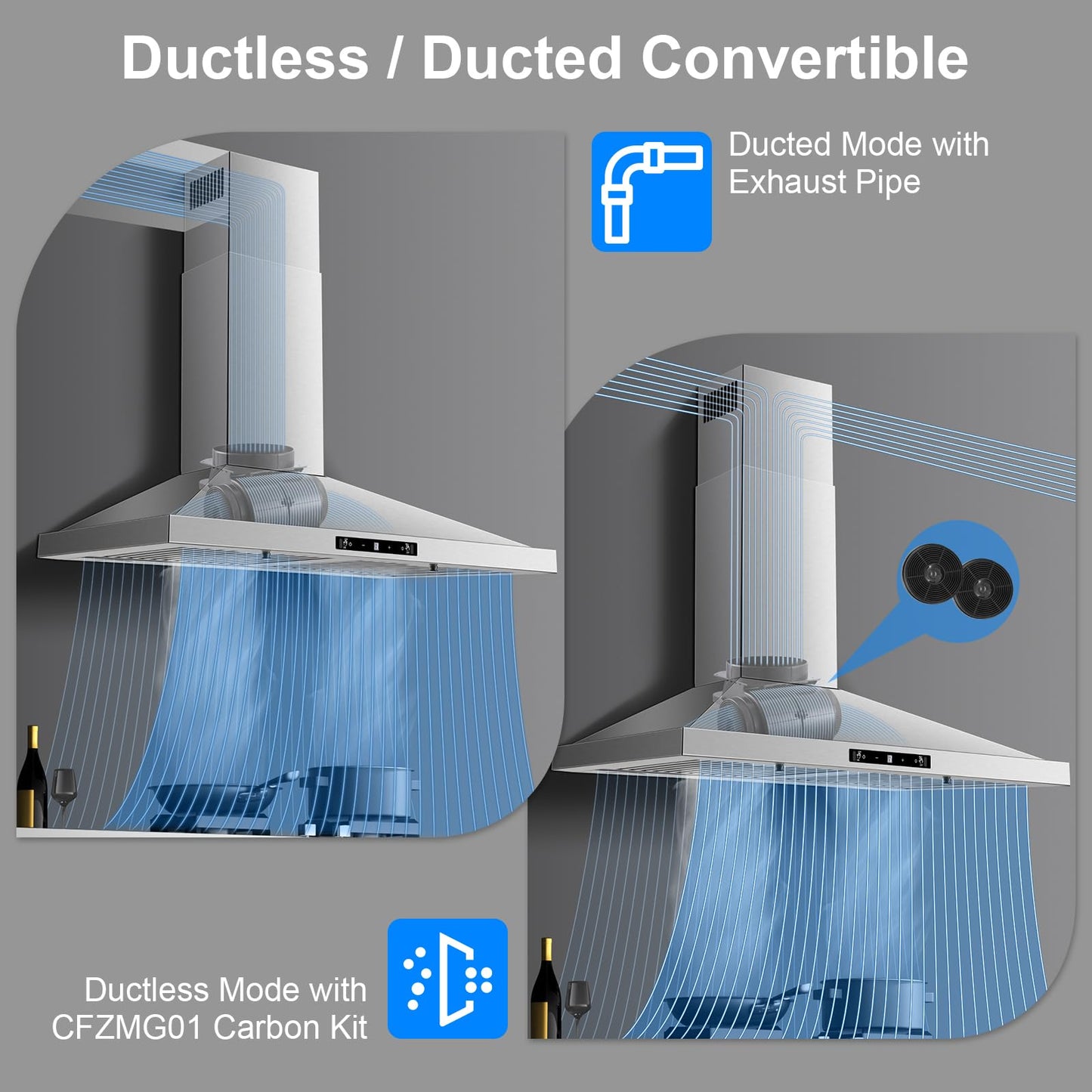 Range Hood 30 inch Stainless Steel, Wall Mount Stove Hood Ducted/Ductless Convertible with 3 Speed Kitchen Vent Hood, Touch Control, Energy-saving LED Lights, 5-Layer Aluminum Filters