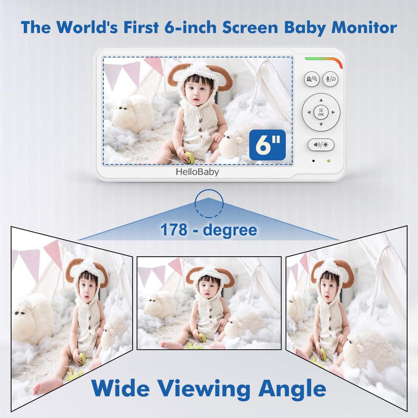 HelloBaby Baby Monitor 6" World First IPS Screen 30H Battery, Secure No WiFi, Pan Tilt Video Camera with Night Vision, VOX, 2-Way Talk, 1000ft, Portable Video Audio Monitor Ideal for Mom, Elderly, Pet
