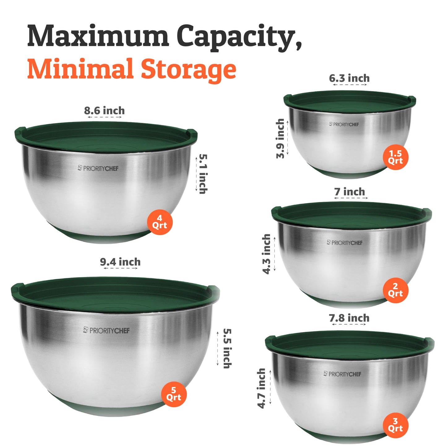 Priority Chef Premium Mixing Bowls With Airtight Lids Set, Thicker Stainless Steel Mixing Bowl Set, Large Prep Metal Bowls with Lids, Nesting Bowls for Kitchen, 1.5/2/3/4/5 Qrt, Green