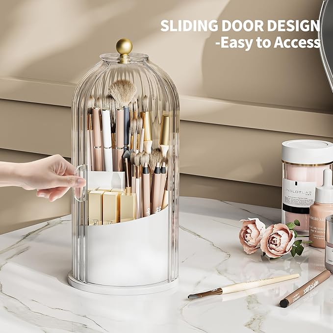 Dustproof Toothbrush Holder with Lid, 360 Rotating Countertop Electric Toothbrush Toothpaste Holders with Cover for Bathroom, 3 Slots Makeup Brush Holder with Lid for Vanity, Clear Grey