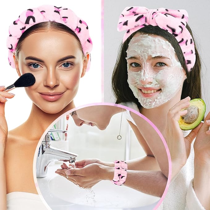 CAVETEE 6 Pack Spa Headband for Washing Face, Makeup Headband for Washing Face, Cute Puffy Bubble Headband Bow Tie Spa Headband with Washing Face Wristband Set for Women Girl
