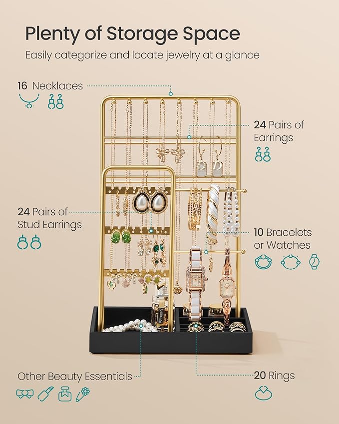 SONGMICS Jewelry Holder, Jewelry Organizer Display Stand with Metal Frame, Velvet Tray, Necklace Earring Bracelet Holder, for Studs, Rings, Gift Idea, Pale Gold and Ink Black UJJS021AB02