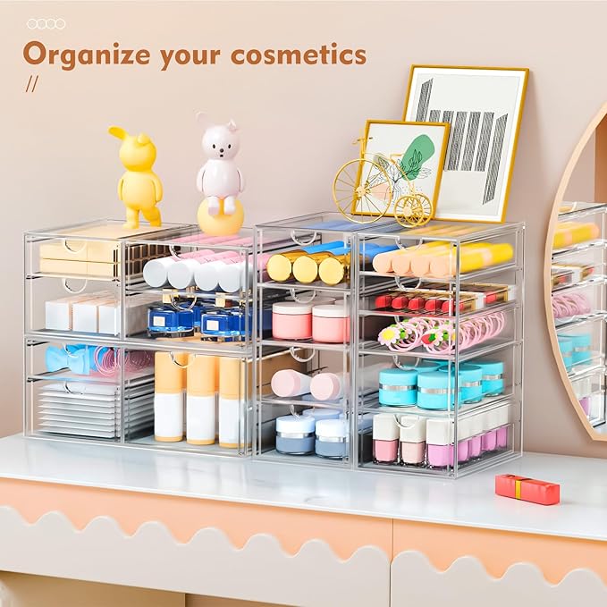 30 Drawers, Acrylic Desk Makeup Organizer, Plastic Drawers Organizer, Stackable Storage Solution for Makeup, Dresser, Office, Bathroom Clear Plastic Craft and Bead Storage Cabinet