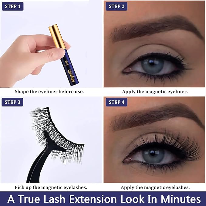 3D Magnetic Eyelashes with Eyeliner Kit - 7C SevenCrown Magnetic Lashes Natural Looking with Upgraded 4 Tubes of Liner Waterproof, Long Lasting,10 Pairs Reusable False Eyelashes Easy to Apply.