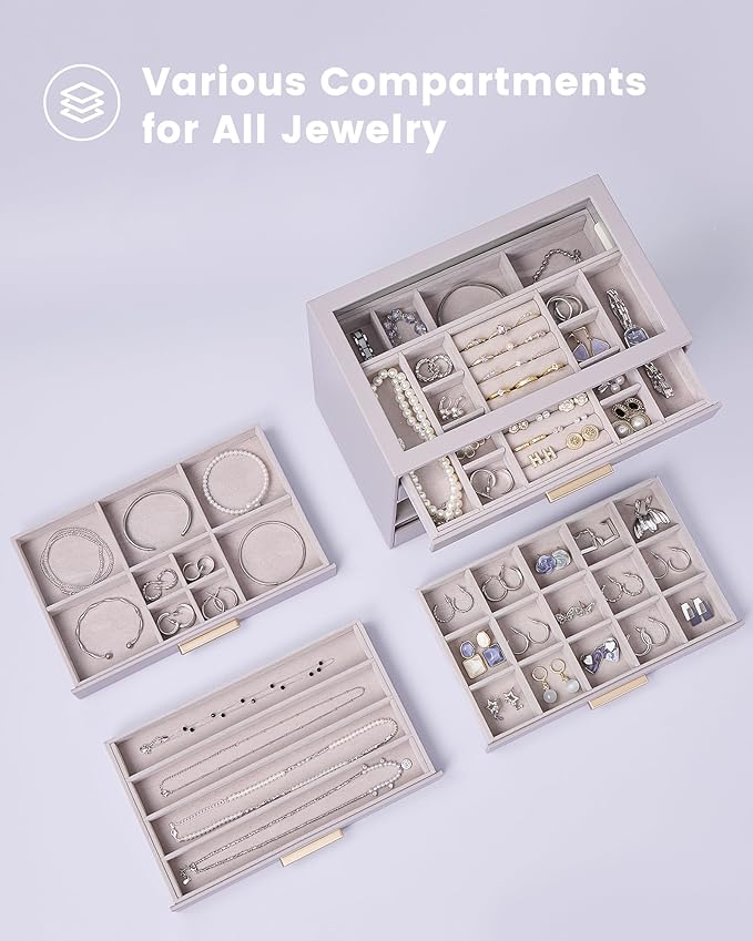 Lolalet Jewelry Box Organizer, 6-Layer Jewelry Organizers and Storage Case with Glass Lid, Ring Earring Bracelet Necklace Holder Organizer, Birthday Valentine Gifts for Women Girls -6Layer, HazePurple