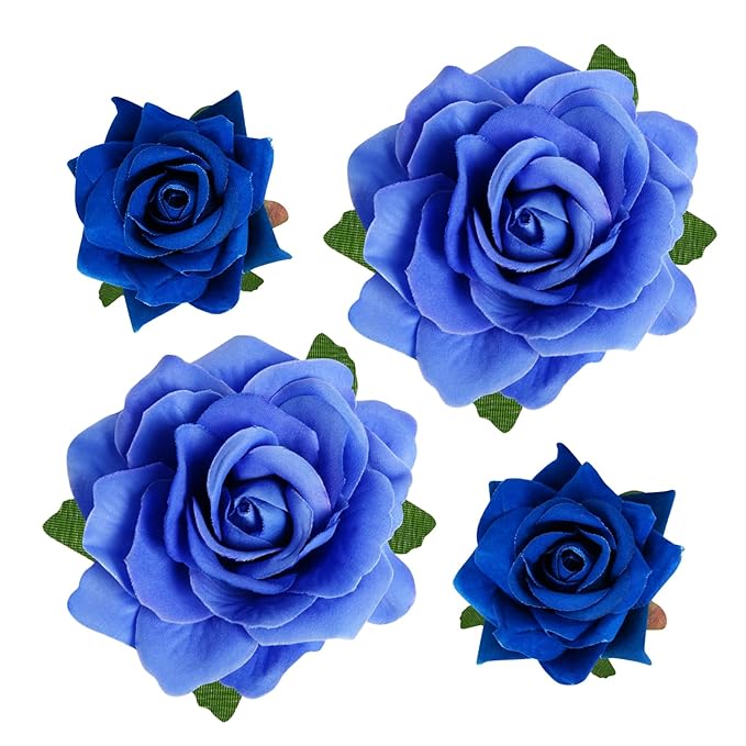Rose Hair Clip Flower Hairpin Brooch Floral Clips, 4 Pcs Fabric Rose Flowers Hair Clips Mexican Hair Flowers Pin up Headpieces for Woman Girl Wedding Party Mother's Day (2 Sizes) (Blue)