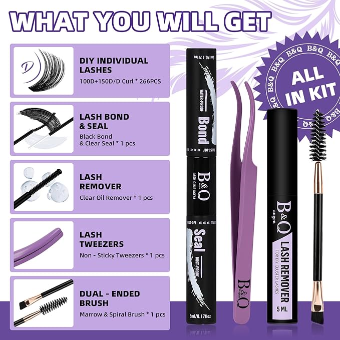 B&Q Fluffy Lash Clusters Kit UltraSoft Cluster Eyelash Extensions, 100+150D Volume Eyelash clusters 10-18mm Lash Extension Kit, D Curl Individual Lashes kit with lash Applicator Tool (100+150D Set)