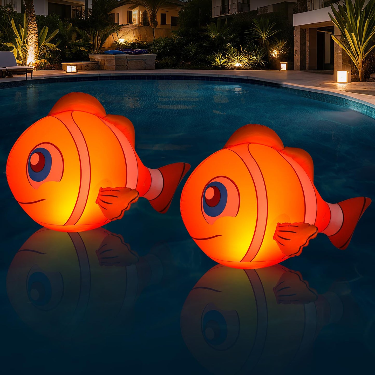 Cootway Floating Pool Lights Solar Powered, 16'' Inflatable Waterproof Clownfish Solar Pool Lights that Float, Auto On/Off LED Floating Lights for Pool Garden Backyard Outdoor Decoration - (2 Piece)