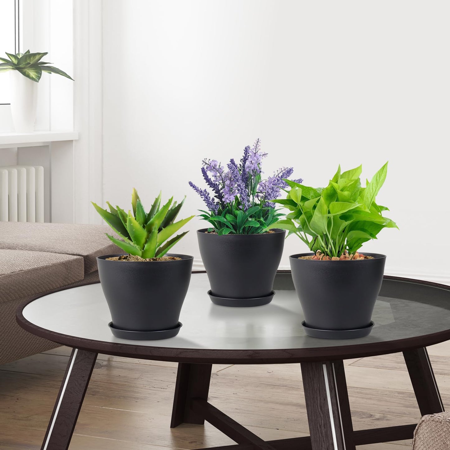 Meowell 6 inch Plastic Nursery Pots, 16 Pack Plant Pots for Small Indoor Outdoor Plants, Flower Pots with Drainage Holes and Saucers, Decorative Seedling Starter Planters for House Plants, Black