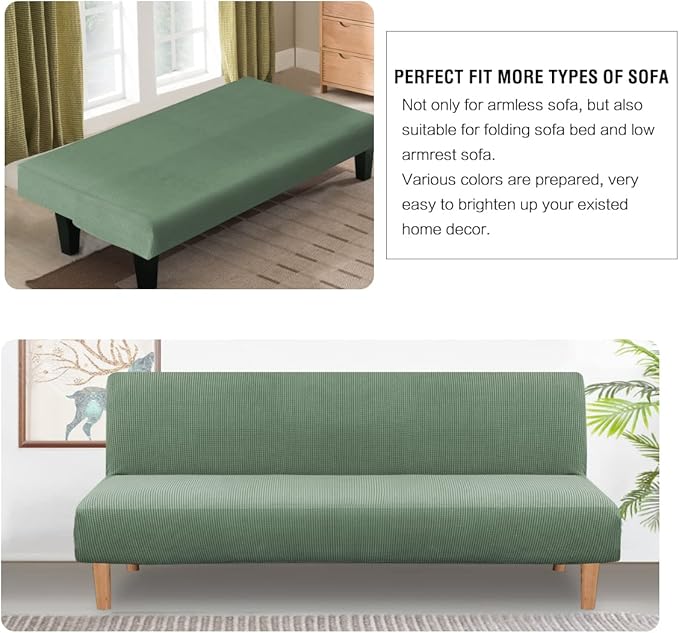 H.VERSAILTEX Armless Futon Cover Stretch Sofa Bed Slipcover Protector Elastic Feature Rich Textured High Spandex Small Checks Jacquard Fabric Futon Cover, Machine Washable, Loden Frost