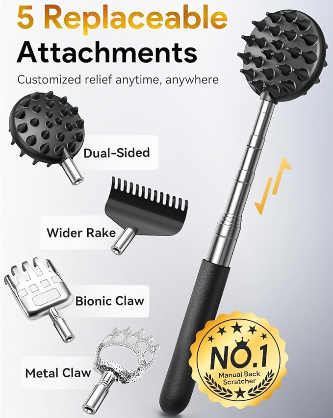 TUKUOS Telescoping Back Scratcher with 5 Detachable Scratching Heads, Rubber Handles, Anniversary Birthday Gifts for Men Women Back Scratcher for Men/Dad/Women/Adults