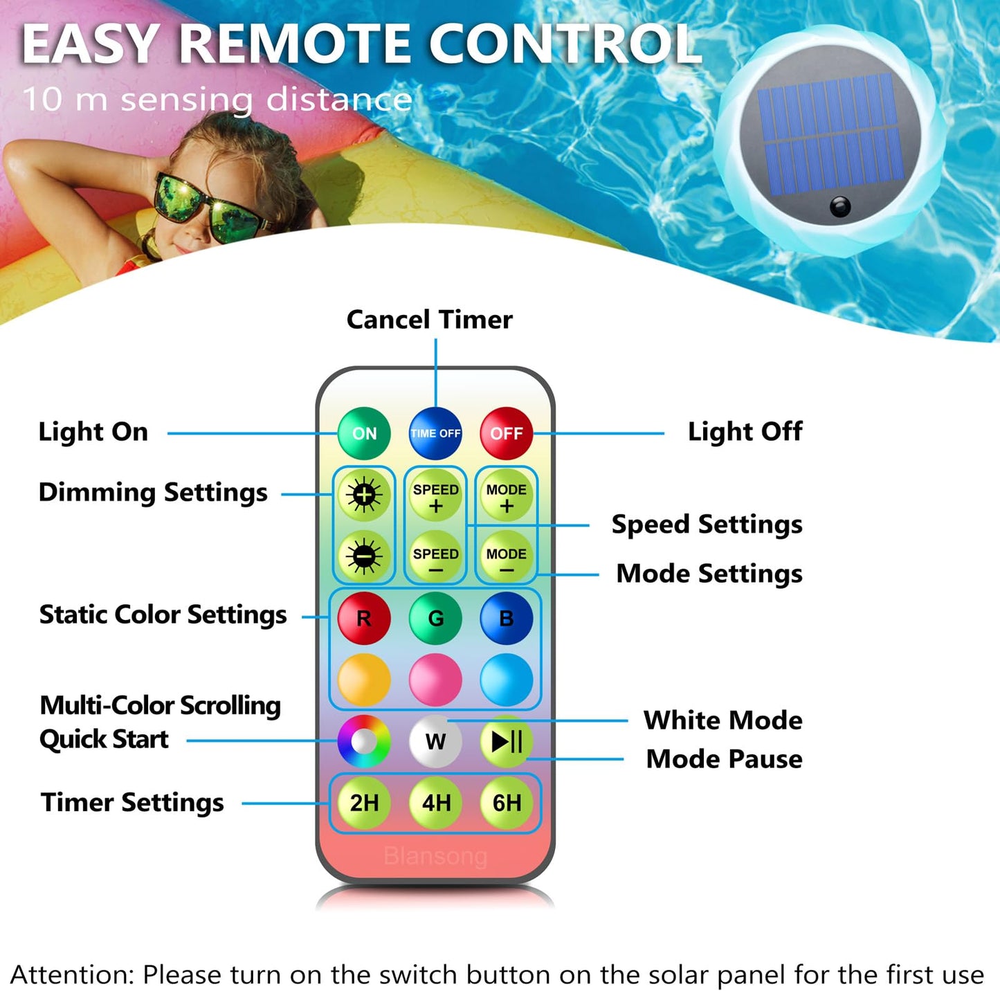 Blansong Solar Pool Chlorine Floater Adjustable Release Swimming Pool Chlorine Tablet Floater with Color Changing Floating Dispenser with Romote Control and Timer IP68 Waterproof