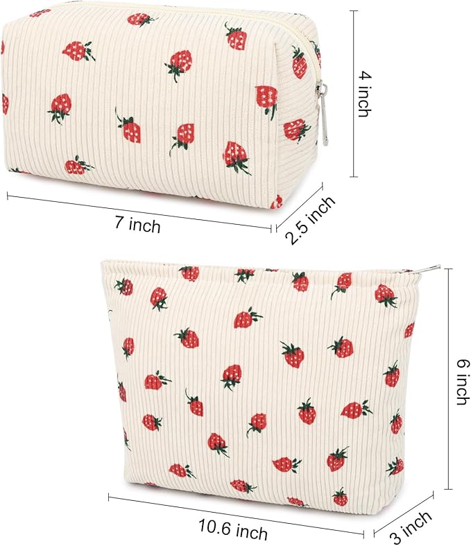 SOIDRAM 2 Pcs Cute Makeup Bag Large Cosmetic Bag Toiletry Bag Makeup Pouch Travel Bag Organizer Cute Makeup Brushes Aesthetic Accessories Storage Bag for Women Strawberry Beige