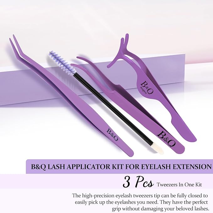 B&Q Eyelash Applicator Tool 3 PCS Lash Applicator Tool Kit Lash Tweezers for Eyelash Extensions Application Tool and Removal Ã¯Â¼ÂPurple,3 PCSÃ¯Â¼Â