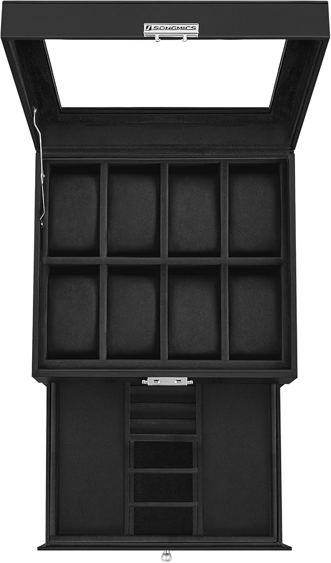 SONGMICS Watch Box, 8-Slot Watch Case Organizer with Large Glass Lid, 2 Layers, Removable Pillows, Metal Lock, Gift for Loved Ones, Black Synthetic Leather, Black Lining UJWB080B01