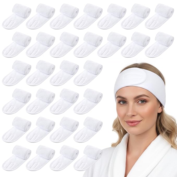 30 Pcs White Spa Headband, 23.6 x 3.3 Inch Soft Facial Headband Esthetician with Hook and Loop Tape Adjustable Terry Cloth Makeup Hair Wrap for Women Girls for Shower Face Washing Yoga Sports Makeup