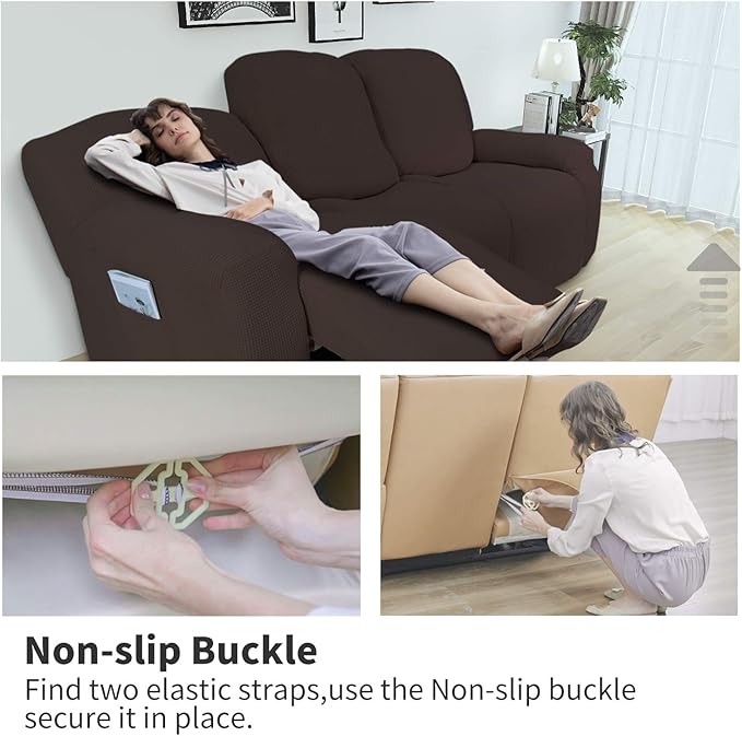 Easy-Going 8 Pieces Recliner Sofa Stretch Sofa Slipcover Sofa Cover Furniture Protector Couch Soft with Elastic Bottom Kids, Spandex Jacquard Fabric Small Checks Chocolate