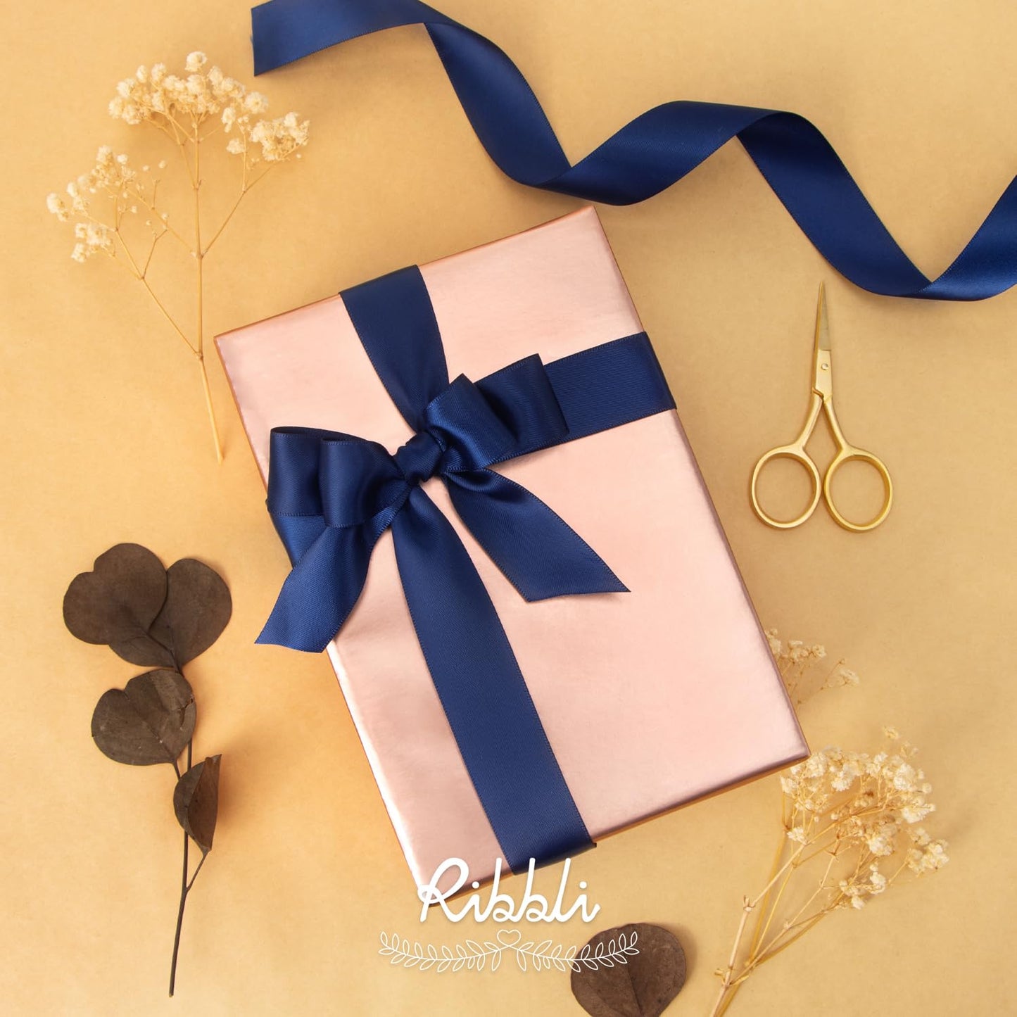 Ribbli Navy Blue Satin Ribbon Double Faced Satin 1 inch x Continuous 50 Yards-Navy Ribbon for Gift Wrapping Crafts Wedding Decoration Bows Bouquet Floral Arrangement