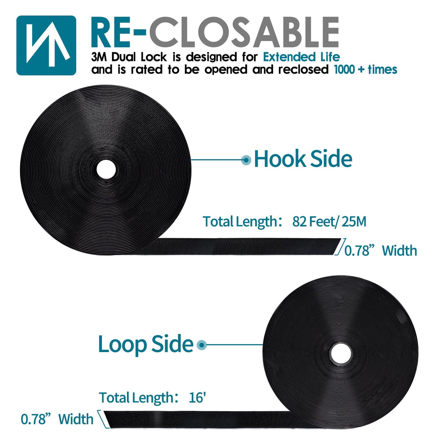 3/4 Inch x 82 Feet Black Hook Loop Strips with Adhesive Heavy Duty, Multi-Purpose Hook and Loop Tape, Double Sided Hook Loop Rolls, Picture Hanging Strips, TV Accessories, TV wall Adhesive Tape