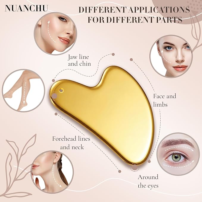 Nuanchu Stainless Steel Gua Sha Facial Tools Metal Guasha Tool for Face Body Jawline Shaper, Double Chin Reducer, Puffiness Reducing, Lymphatic Drainage Massager Skin Care Gift with Pouch(Gold)
