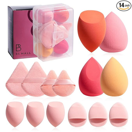 Makeup Sponge Set BS-MALLTriangle Puff 14 Pcs for Liquid, Cream, and Powder, Multi-colored Makeup Sponges and Mini Makeup Sponge (Orangepink)