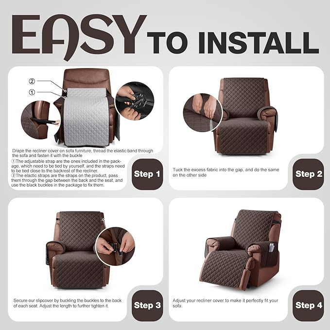 KinCam 100% Waterproof Recliner Chair Cover, Reclining Couch Covers for Pets, Dogs, Recliner Couch Slipcover Furniture Protector with Elastic Straps for Kids(25", Chocolate)