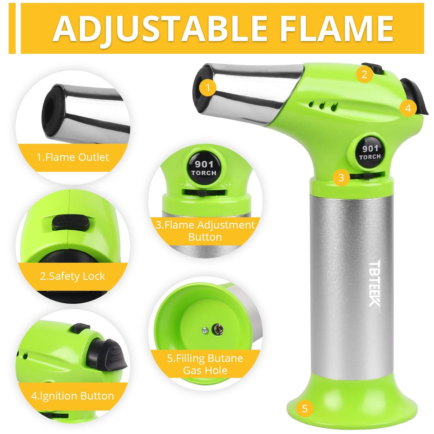 TBTEEK Butane Torch T901, Kitchen Torch Cooking Torch with Safety Lock & Adjustable Flame for Cooking, BBQ, Baking, Brulee, Creme, DIY Soldering(Butane Not Included), Green