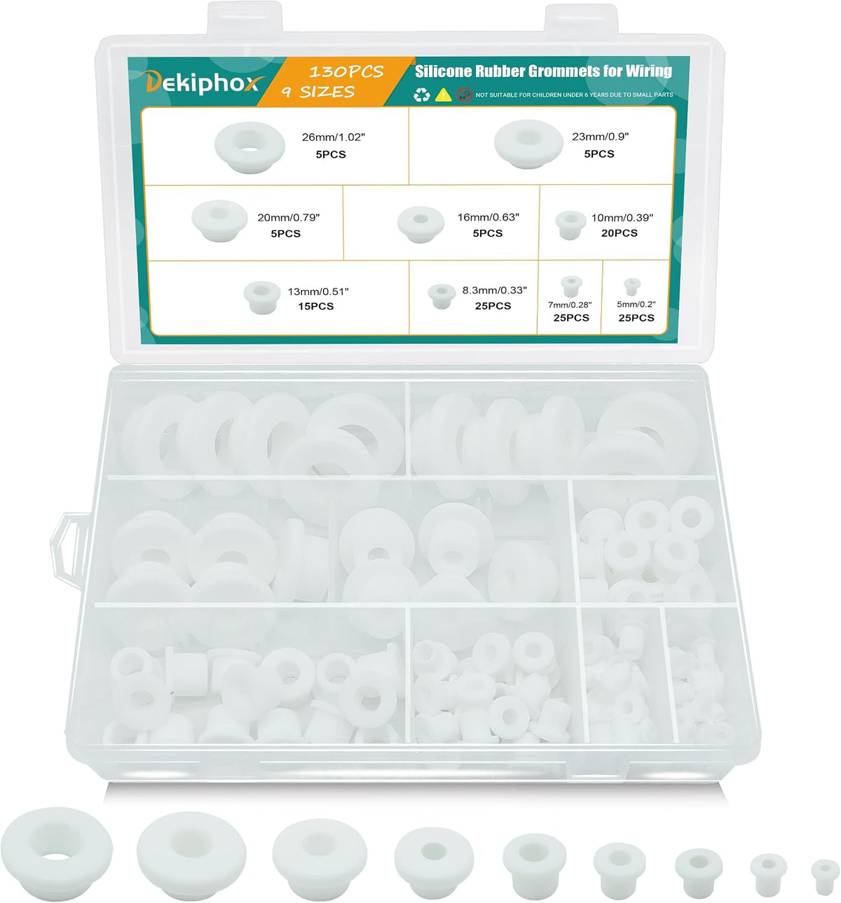 130PCS Silicone Rubber Grommets for Wiring, White Top Hat Rubber Grommet Assortment Kit, 9 Sizes Round Hole Rubber Wire Grommets for Automotive, Vinyl Tubing in Hydroponic and Irrigation Systems
