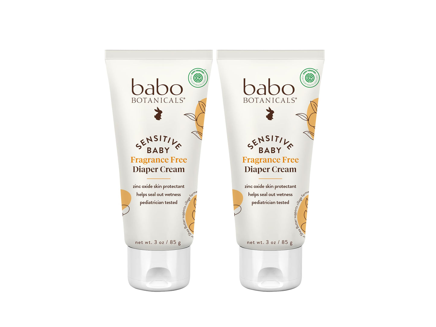 Babo Botanicals Sensitive Baby Fragrance-Free Diaper Cream - 25% Natural Zinc Oxide - Calendula, Shea & Cocoa Butter - EWG Verified - Vegan- From birth on - 2-Pack