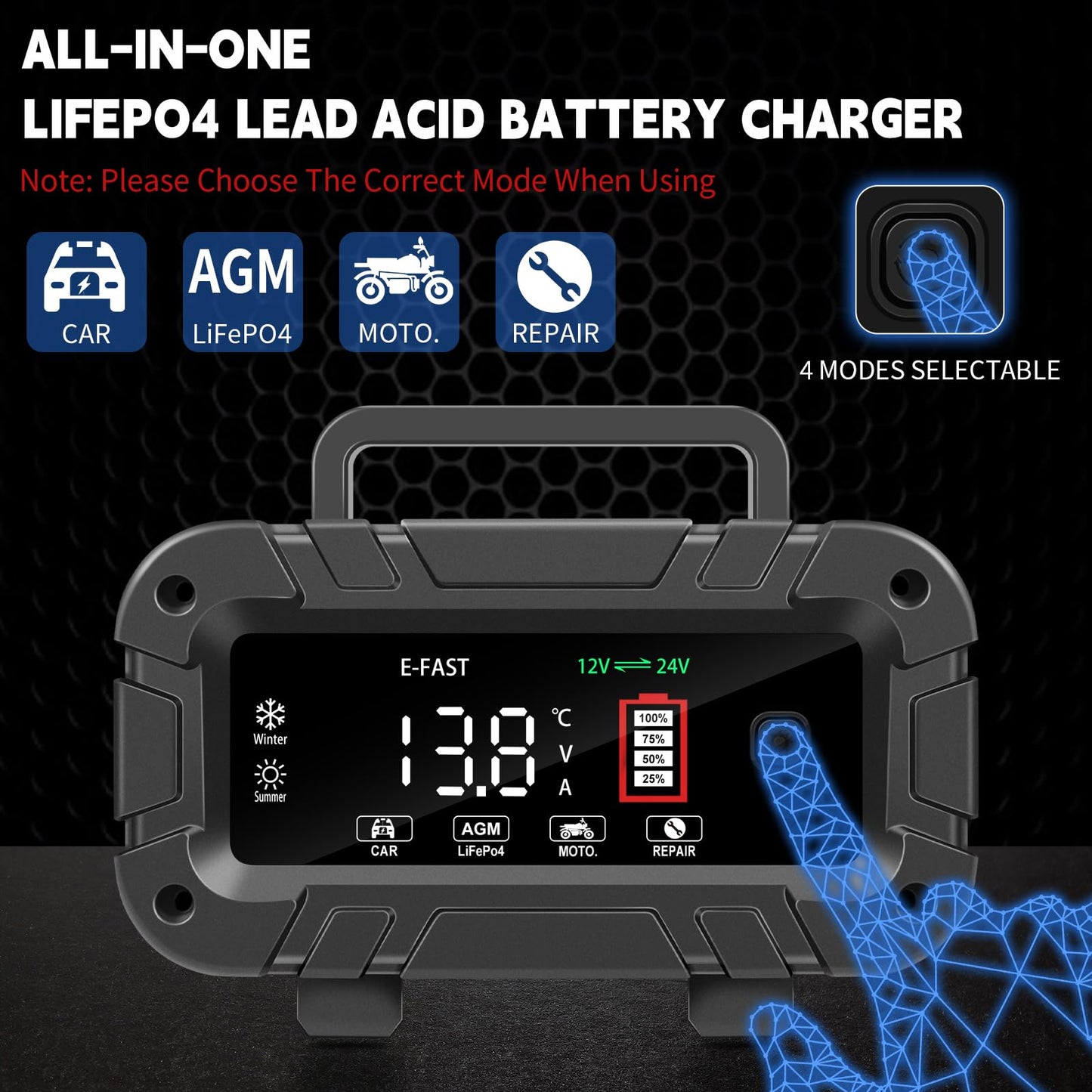 E-FAST Battery Charger 0-20A 12/24V Lifepo4 Lead Acid Automatic Smart Car Battery Charger, Trickle & Pulse Repair, Automobile Battery Maintainer for Car Truck Motorcycle Lawn Mower Boat