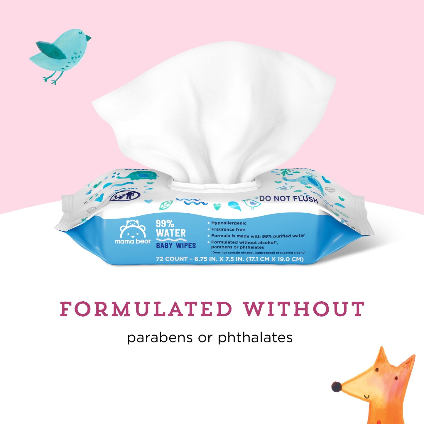 Amazon Brand - Mama Bear 99% Water Baby Wipes, Hypoallergenic, Fragrance Free,72 Count (Pack of 6)