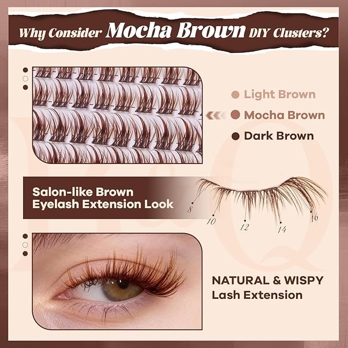 B&Q Brown Lash Clusters Natural Lash Clusters for Light Hair, Reusable MochaLash Cluster Eyelash Extensions Soft Brown False Eyelashes Comfortable Eyelash Clusters Perfect for Occasions（MochaLash 02）