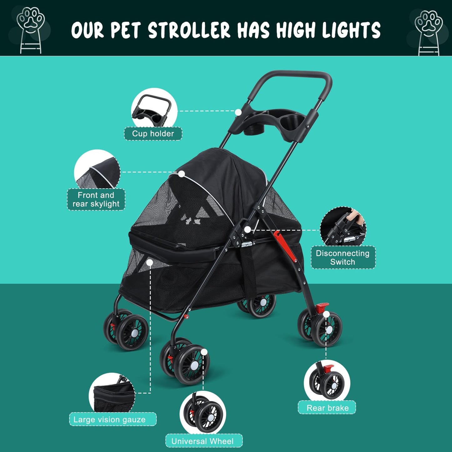 sxvbdway 4 Wheels Pet Stroller for Medium Small Dog up to 50lbs, Dog Cat Stroller, Outdoor Travel Pet Folding Strollers with Cup Holder, Detachable Carrier, Breathable Visible Mesh (Black Upgraded)