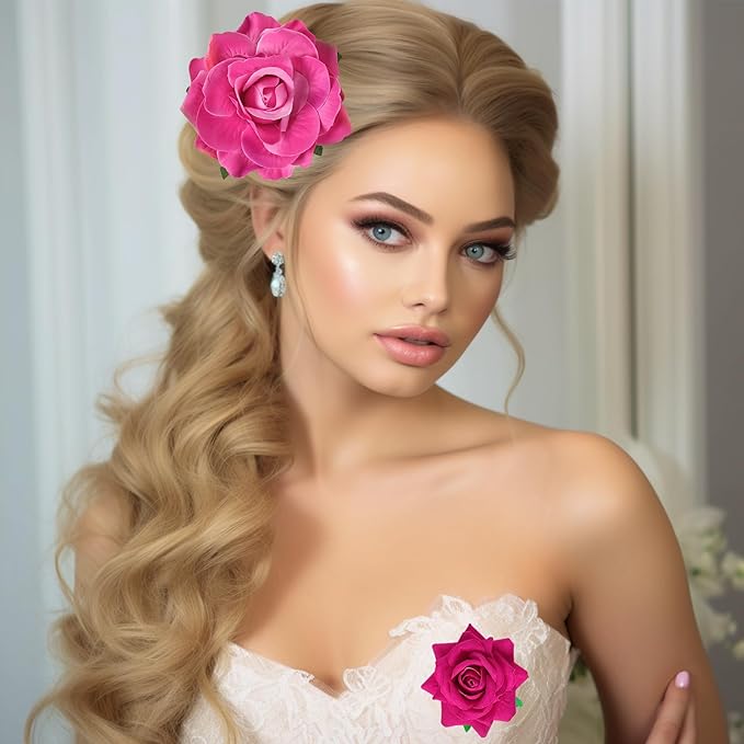 Rose Hair Clip Flower Hairpin Brooch Floral Clips, 4 Pcs Fabric Rose Flowers Hair Clips Mexican Hair Flowers Pin up Headpieces for Woman Girl Wedding Party Mother's Day (Hot Pink)