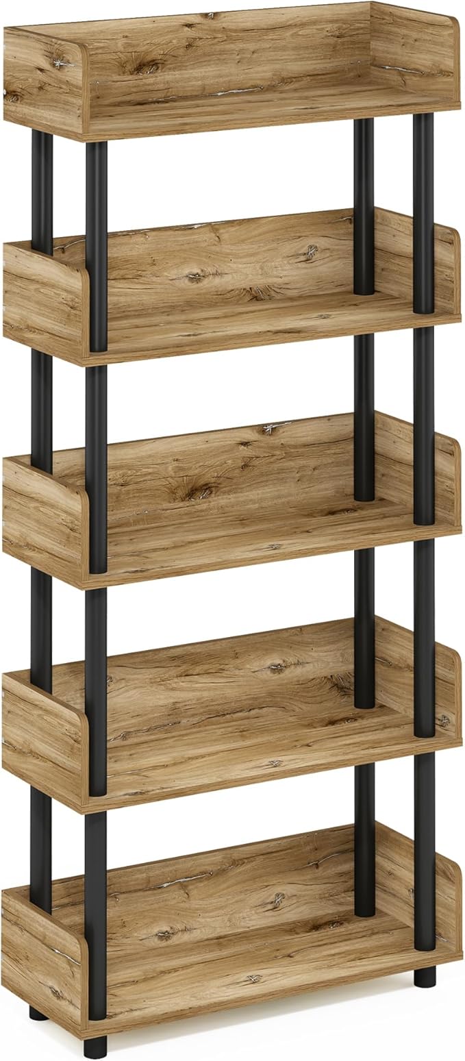 Furinno TURN-N-TUBE 5-Tier Display Shelf, Storage Shelves, Book Shelf, Open Shelves with Rounded Corner Top Edges, for Organization and Storage, Living Room, Home Office, Flagstaff Oak