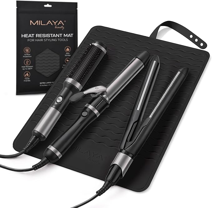 Milaya Beauty Extra Large Heat Resistant Mat for Hair Tools – Silicone Curling Iron Holder & Flat Iron Holder – Non-Slip Hot Tool Mat & Vanity Mat – Vanity Accessories for Women, Salon, Travel