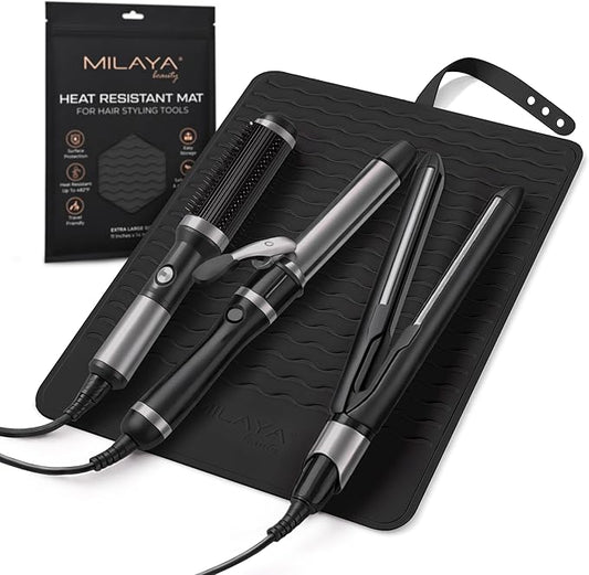 Milaya Beauty Extra Large Heat Resistant Mat for Hair Tools – Silicone Curling Iron Holder & Flat Iron Holder – Non-Slip Hot Tool Mat & Vanity Mat – Vanity Accessories for Women, Salon, Travel