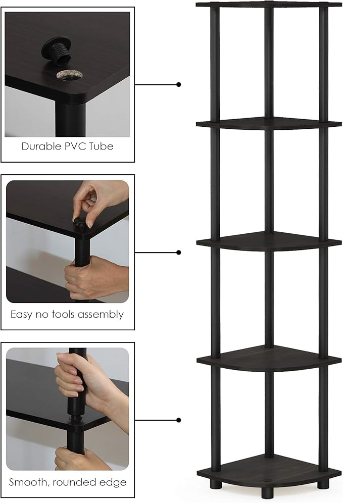 Furinno TURN-N-TUBE Corner Shelf, 5-Tier Corner Bookshelf, Open Storage Shelves, for Organization and Storage, Living Room, Home Office, Garage, Bedroom, Espresso