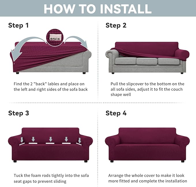 LURKA Stretch Oversized Sofa Slipcovers 1 Piece Couch Covers for 3 Cushion Couch Sofa Furniture Protector Full Sofa Covers with Elastic Bottom for Kids and Pet (X-Large, Wine)