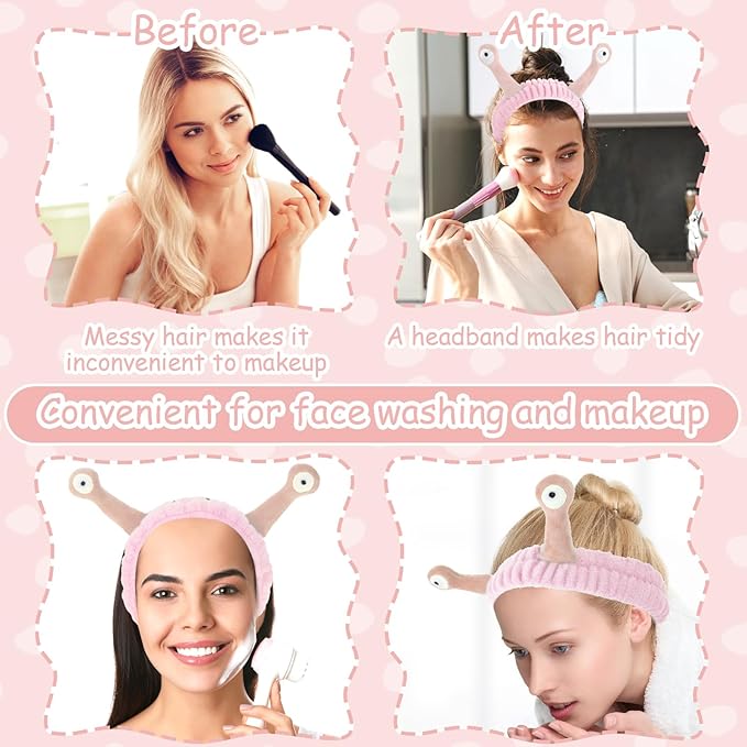 Face Wash Headband, Palm and Snail Spa Hair Bands Makeup Headbands Women Cartoon Cute Coral Fleece Elastic Headband Creative Hair Accessories for Washing Face Shower Sports (Light pink)