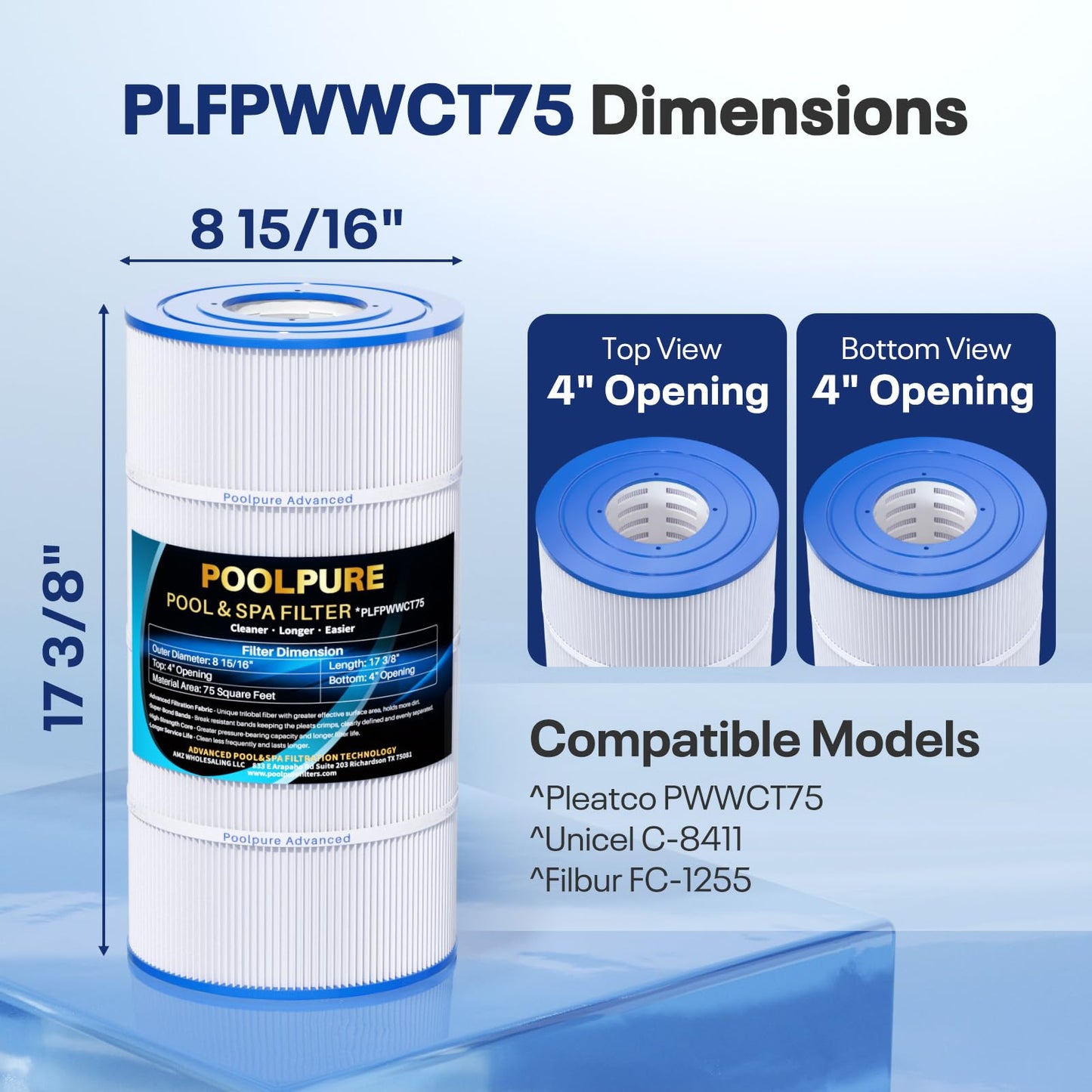 POOLPURE Pool Spa Filter Replaces PWWCT75, Ultral-B6, Unicel C-8411, Filbur FC-1255, Waterway 817-0075N, Waterway Clearwater II 75