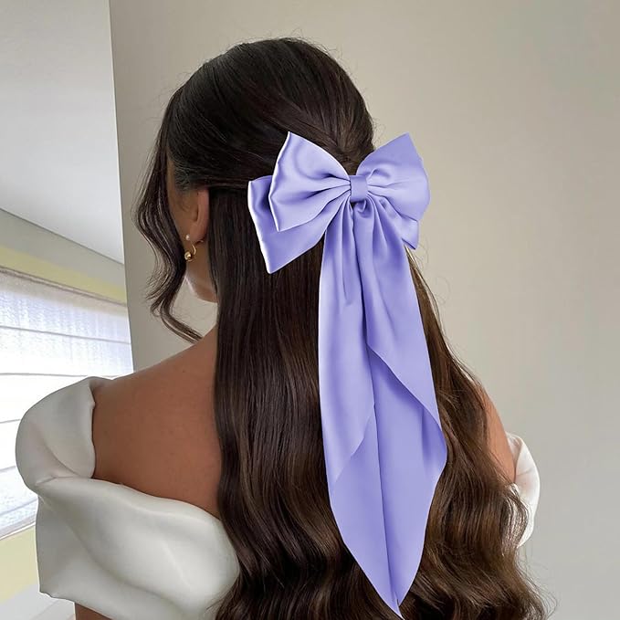 6Pcs Large Bows Hair Clips for Women Girls Long Tail Hair Ribbon Silky Satin Barrettes Coquette Hair Bows Accessories (Black/Bluegrey/Deepblue/Light Pink/Purple/Khaki)
